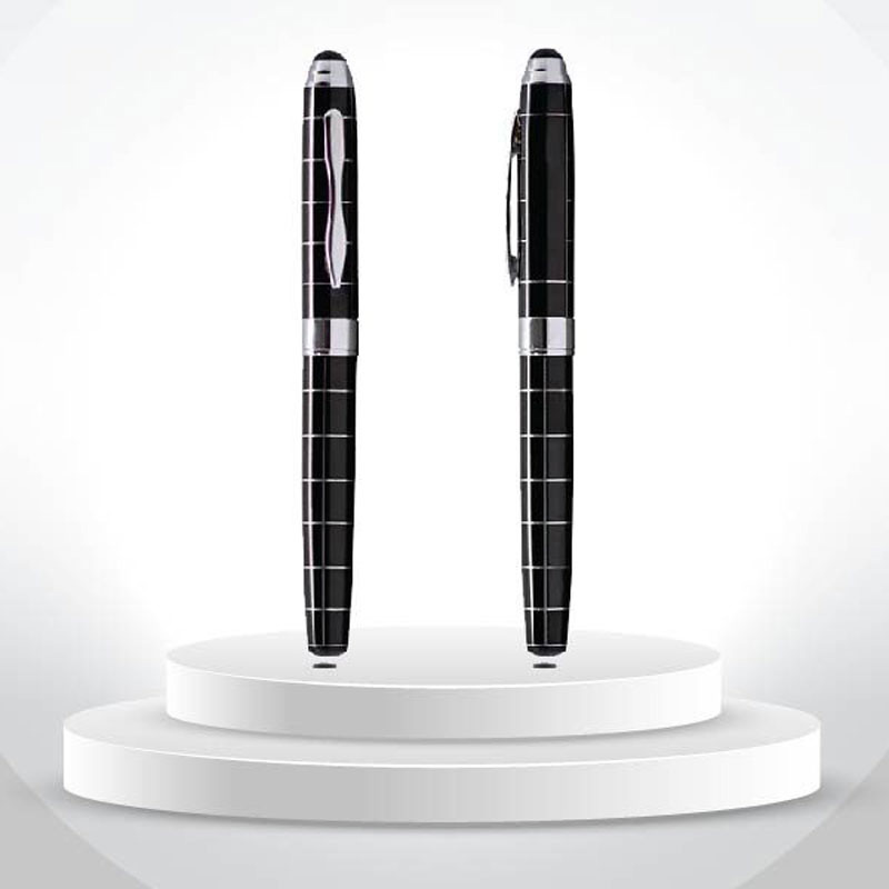 Black Lacquered Roller Pen with Silver Grid Design CG0110