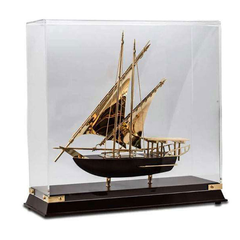 Traditional Arabian Dhow Boat (Gold & Wood) in Acryllic Display Box CG0254