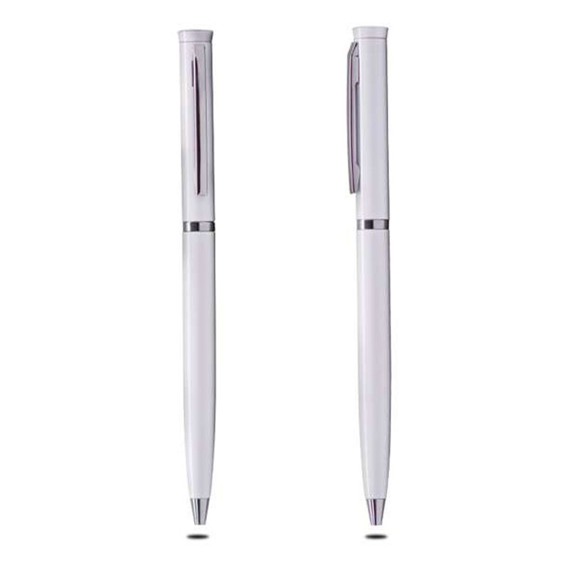Thin Metal Ballpoint Pen – White with Chrome Ring CG0059